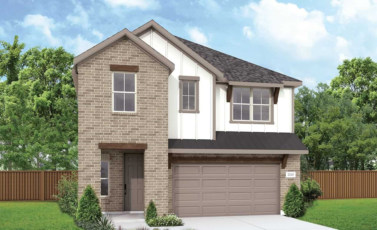 Modern two-story house with brick and siding exterior, featuring a gable roof and two-car garage, in Park at Eldridge.