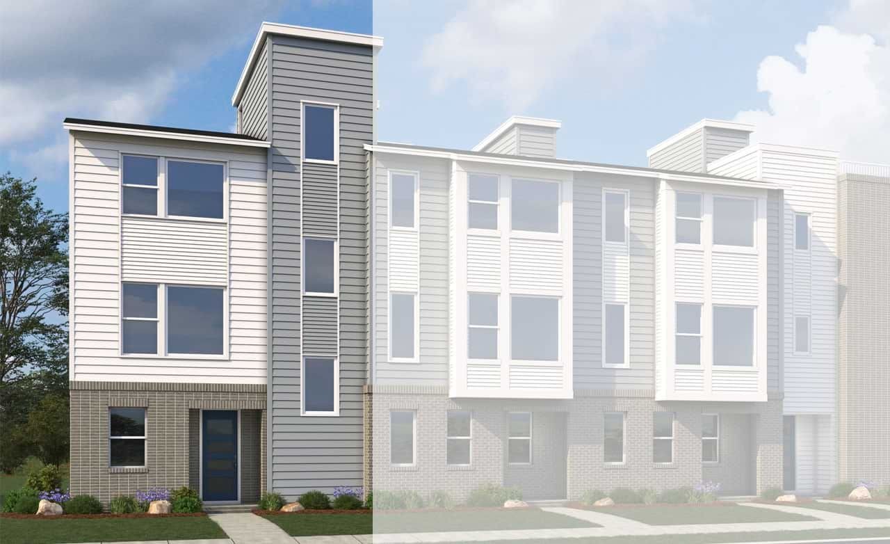 Modern townhome with grey and white siding, large windows, and brick base at Antora, Dillon Pointe.