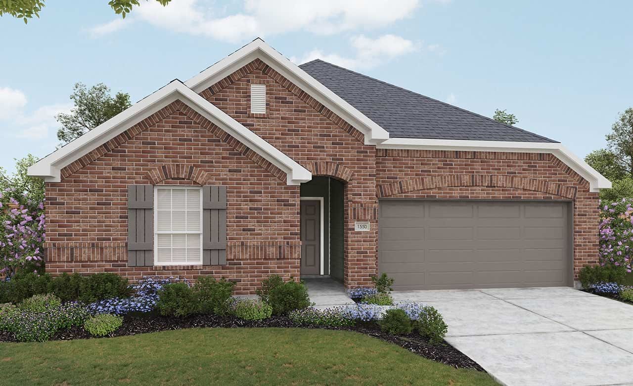 Red-brick house with gray garage, shutters, and arched entryway. Located in Avalon at Mostyn Springs neighborhood.