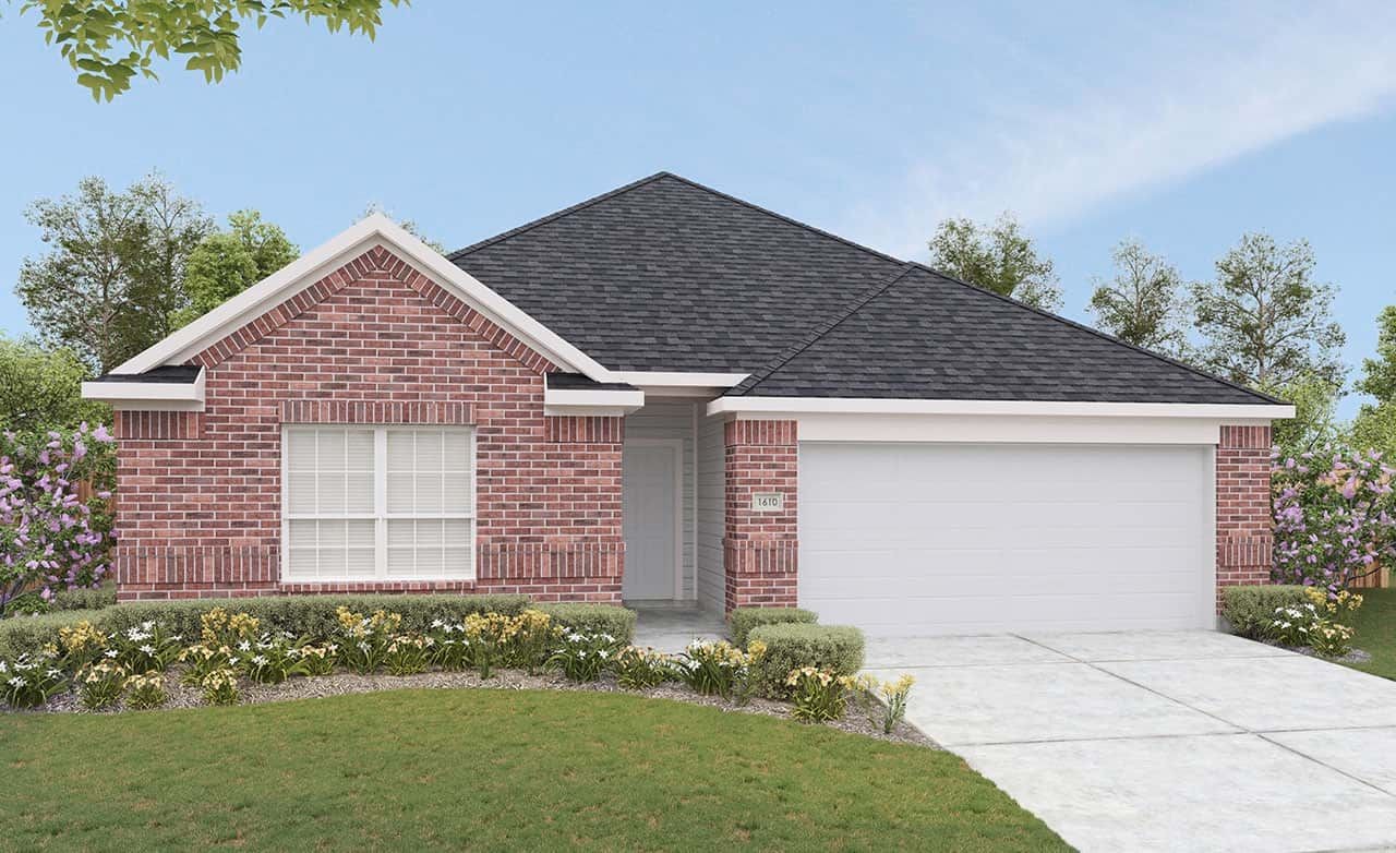 Red brick suburban home with gabled roof, white garage door, manicured lawn, shrubs, in Blanton at Hunters Glen.