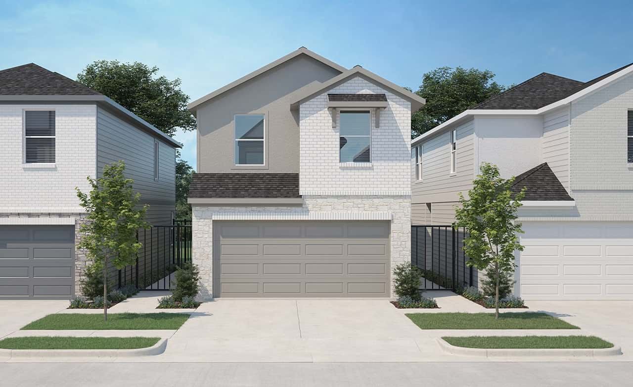 Modern two-story home with white brick facade and gray garage in Beamer Villas. Trees and minimal landscaping.