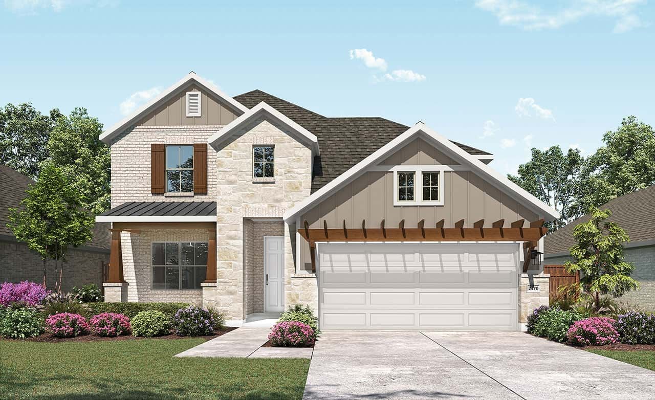 Modern two-story stone house with gable roof and landscaped garden in Creekhaven community.