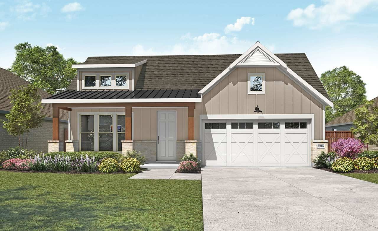Modern single-story home with gabled roof, wood accents, garage in Veramendi. Manicured lawn, vibrant landscaping.