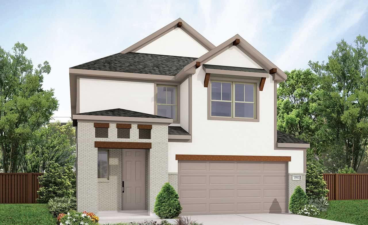 Modern two-story home with gabled roof, brick facade, and spacious garage in Pinehurst, surrounded by lush greenery.