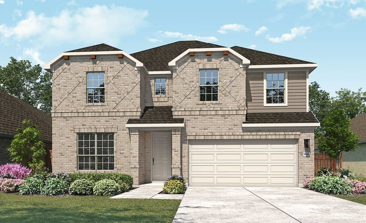 Modern two-story brick house with large windows, double garage in Creekhaven, surrounded by lush landscaping.
