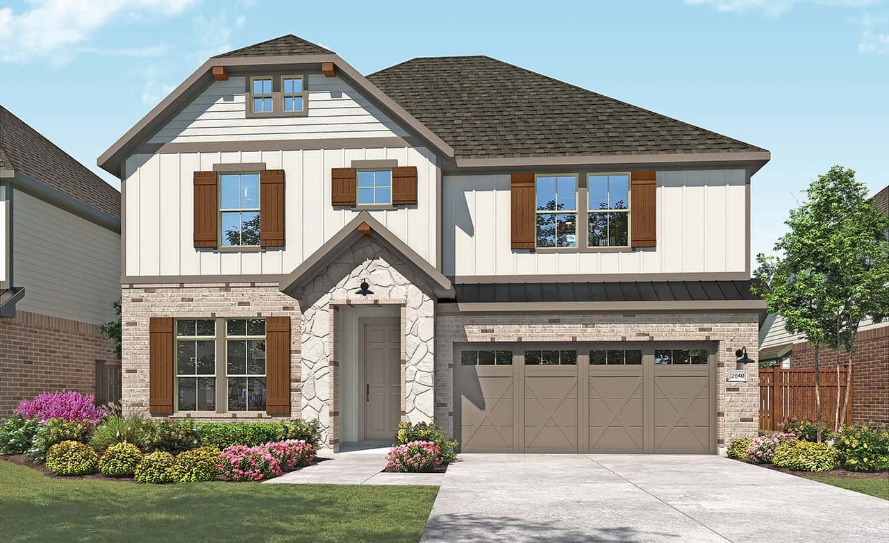 Two-story house with stone facade, wooden shutters, and landscaped garden in Southern Pointe.