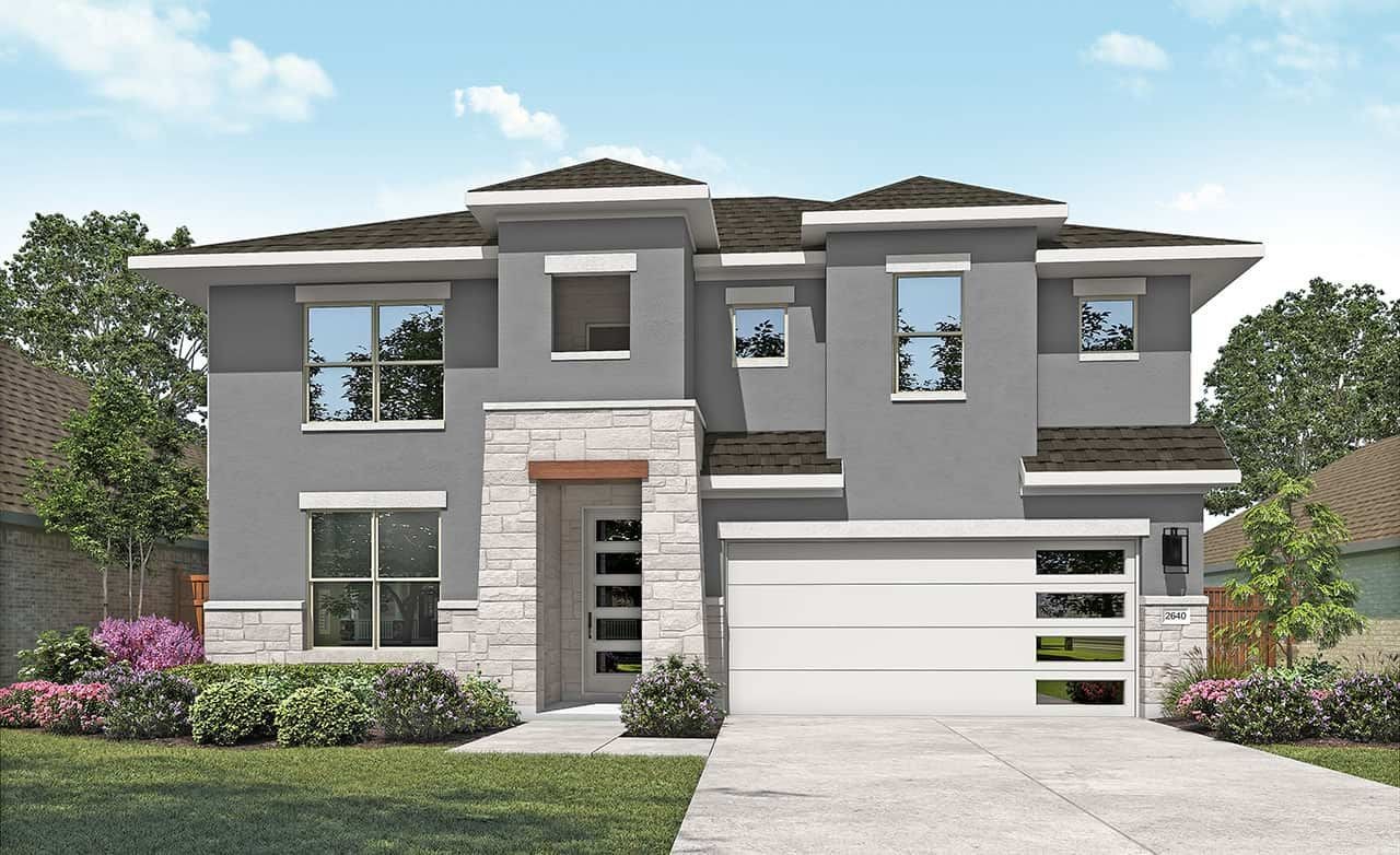 Modern two-story home with stone accents, large windows, and manicured landscaping in San Gabriel neighborhood.