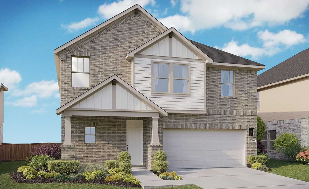 Modern two-story brick home with gable roof, large windows, and lush landscaping, located in Ellis Cove.
