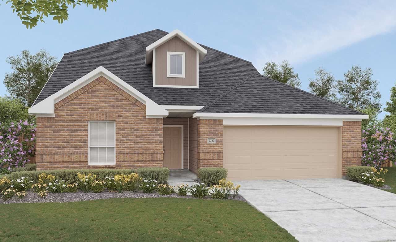 Brick house with dormer, gable roof, garage in Sunterra. Green lawn and garden enhance curb appeal. Clear sky backdrop.