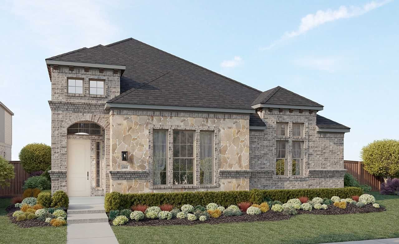 Elegant single-story brick and stone house with manicured landscaping in Solterra, Texas.
