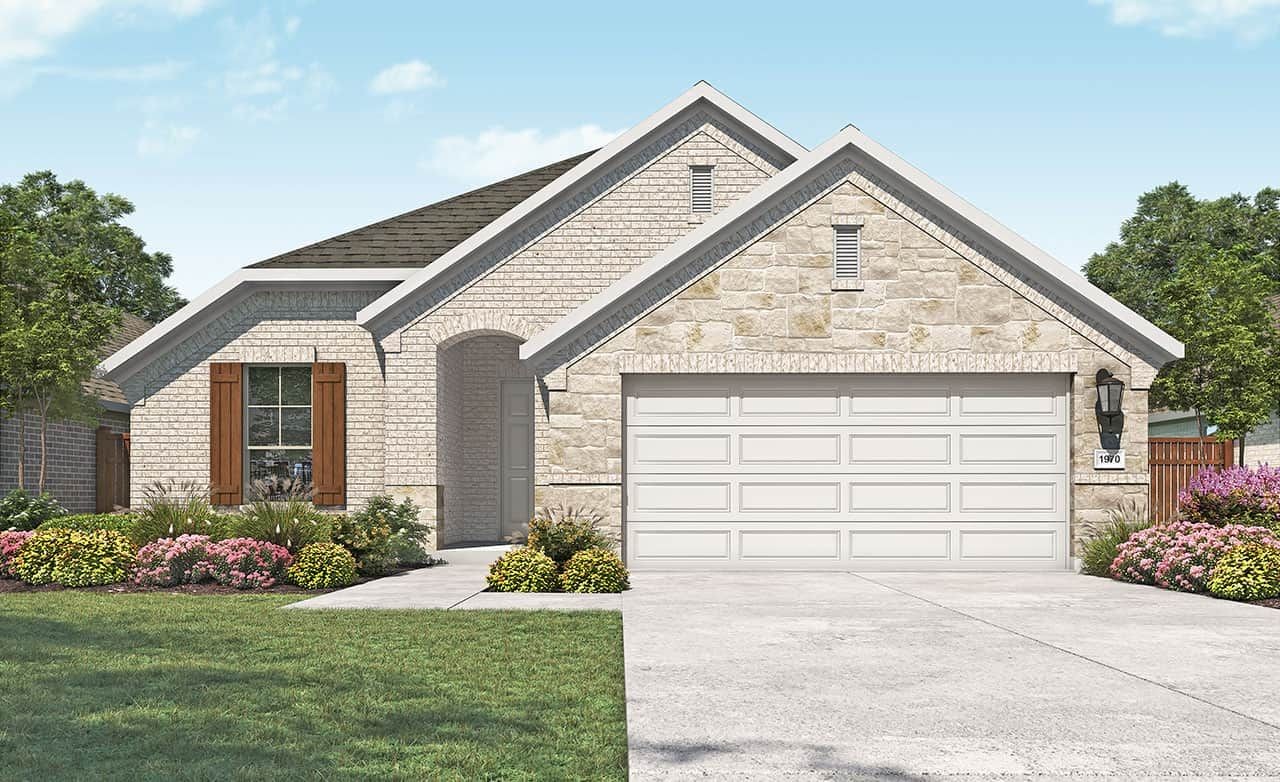 Single-story stone home with arched entry, gable roof, wood shutters in suburban Anthem setting. Manicured lawn.