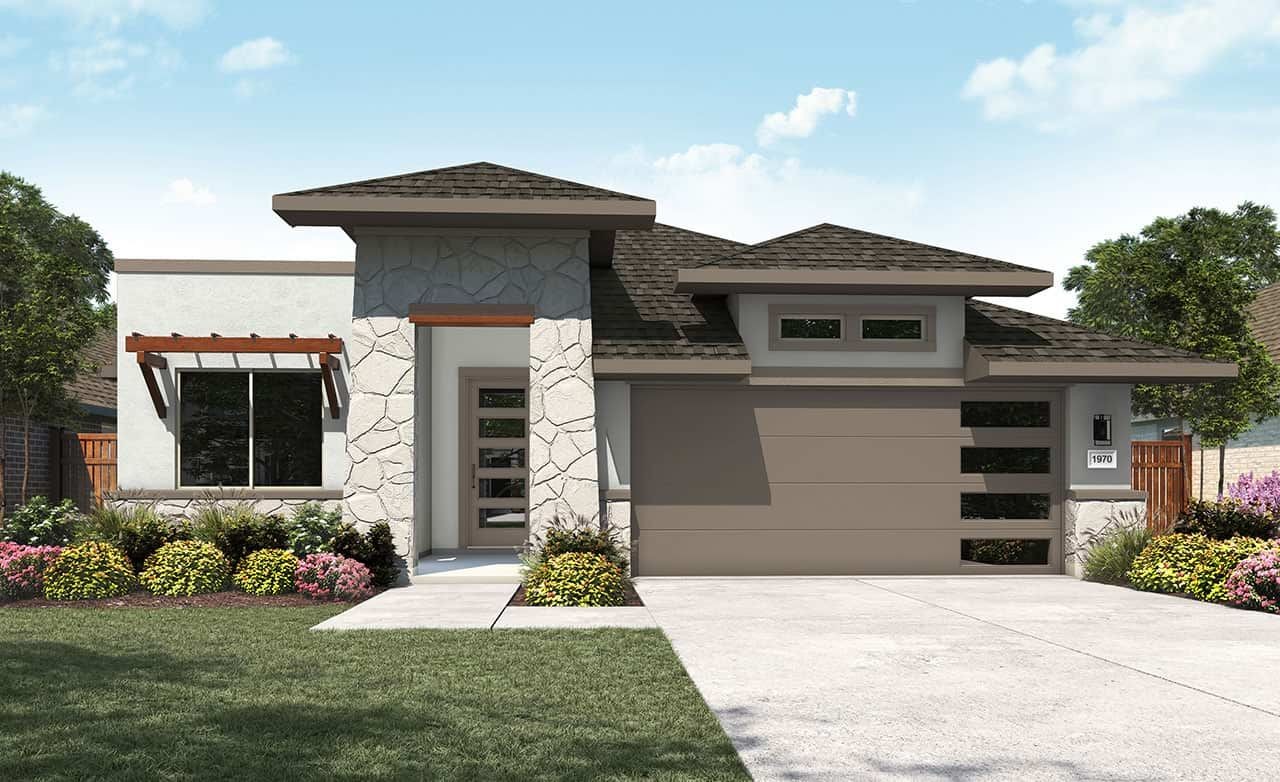 Modern stone and stucco house with landscaped garden in Sunfield. Features flat roof and large windows.