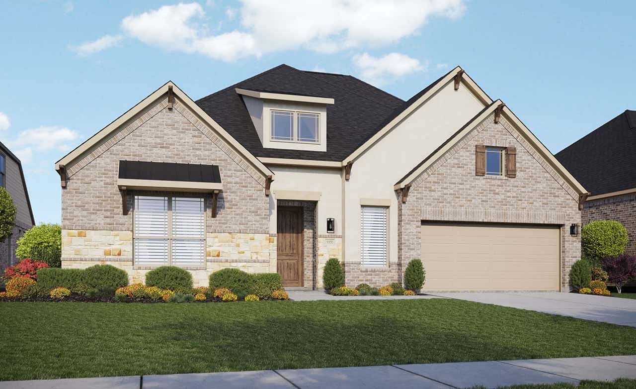 Elegant brick house with dark roof, garage, manicured lawn in Brookewater. Contemporary design, subtle luxury details.
