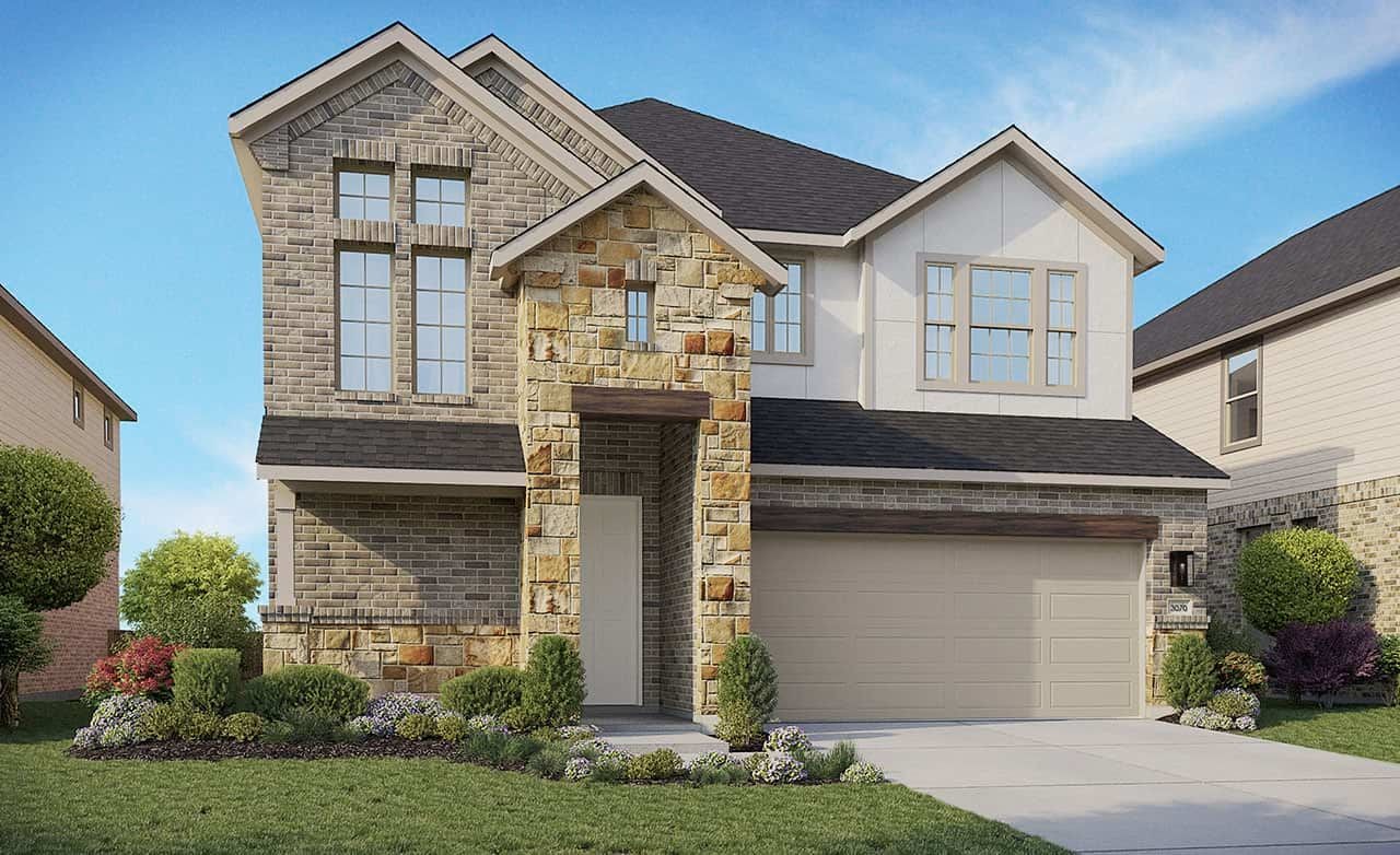 Modern two-story home with brick and stone facade in Tahiti at Dauer Ranch. Large windows, manicured lawn.