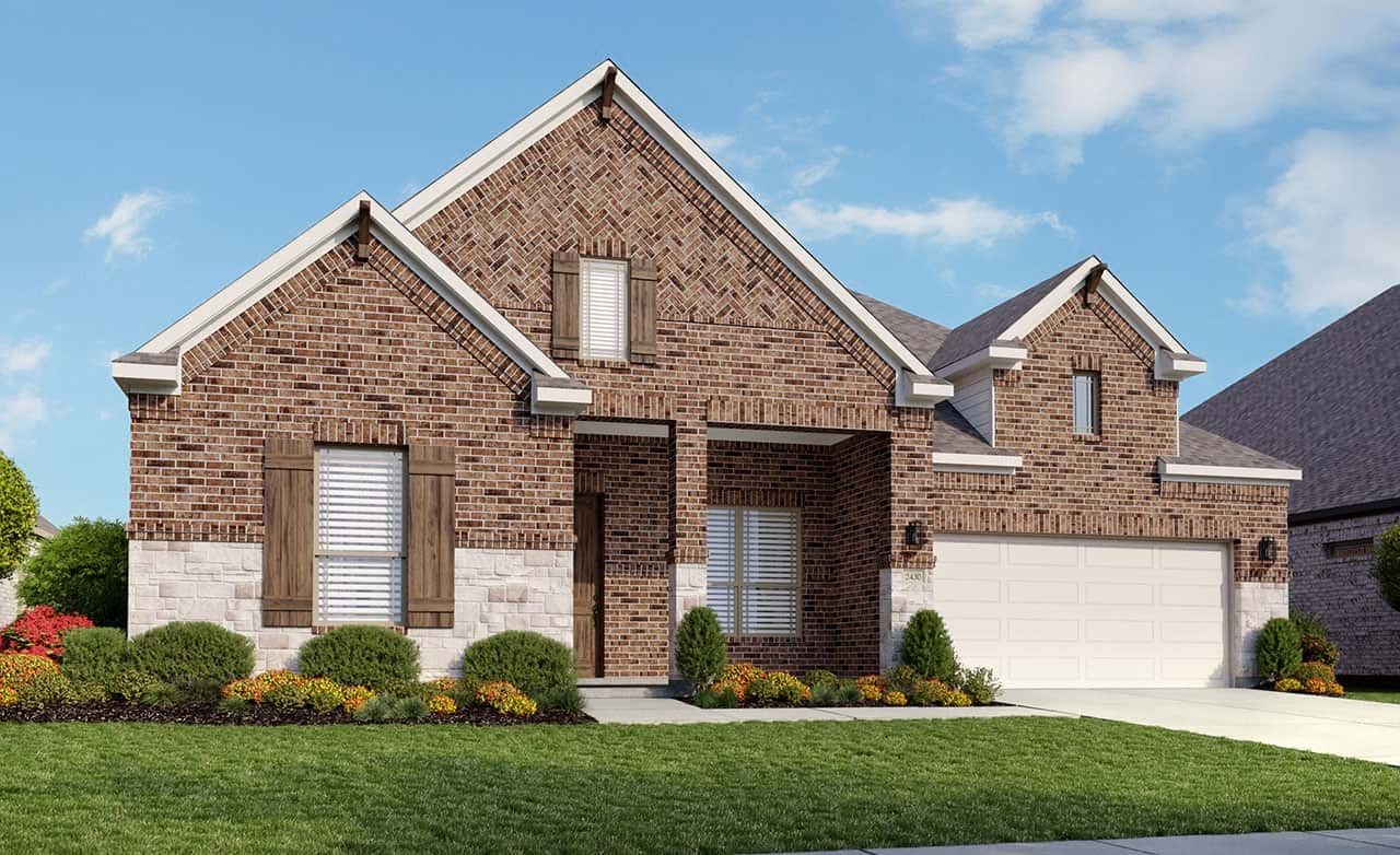 Brick bungalow with stone accents in Brookewater, gabled roof, spacious garage, lush landscaping, sunny sky.