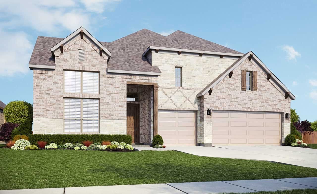 Luxury brick and stone house in Villanova, Oaks at San Gabriel. Features manicured lawn, three-car garage.