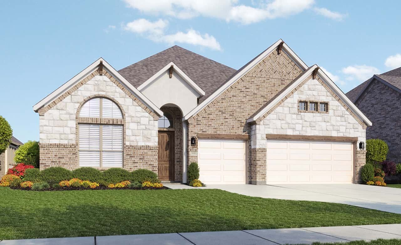 Brick and stone ranch-style home, arched window, landscaped garden, Villanova at Hawkes Landing community.