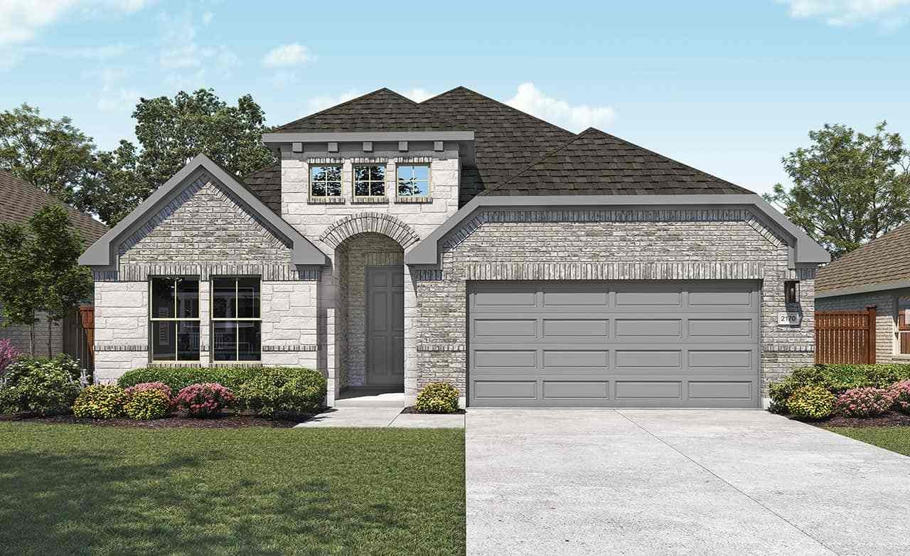 3D render of a single-family home's brick façade showcases modern residential design and architecture.