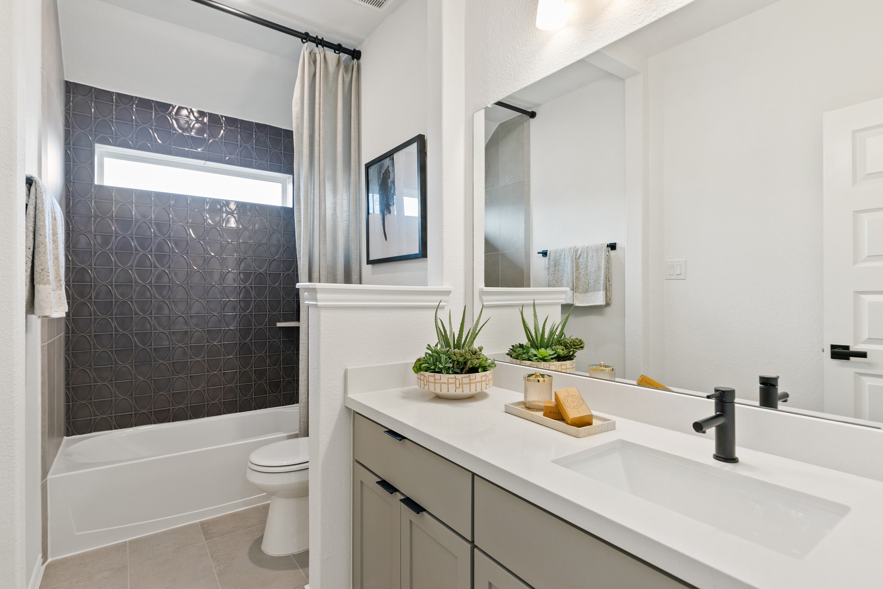Modern bathroom with geometric dark tile, wide mirror, sleek faucet, and succulent decor in Park at Eldridge.