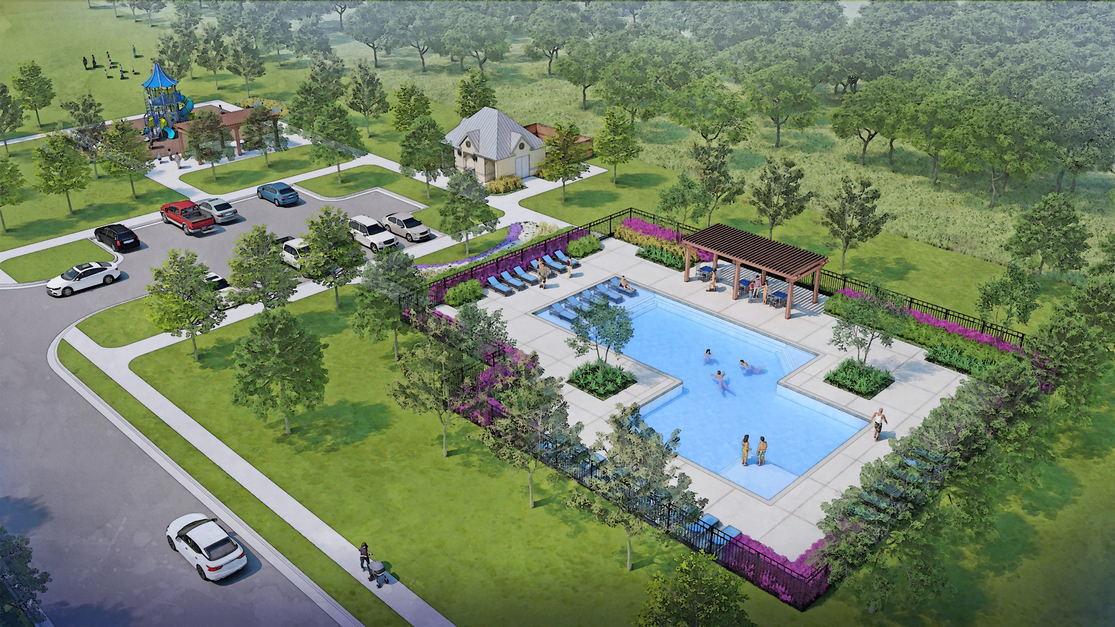 Community pool with pergola, playground, parking, lush greenery in Anna Ranch, Texas.