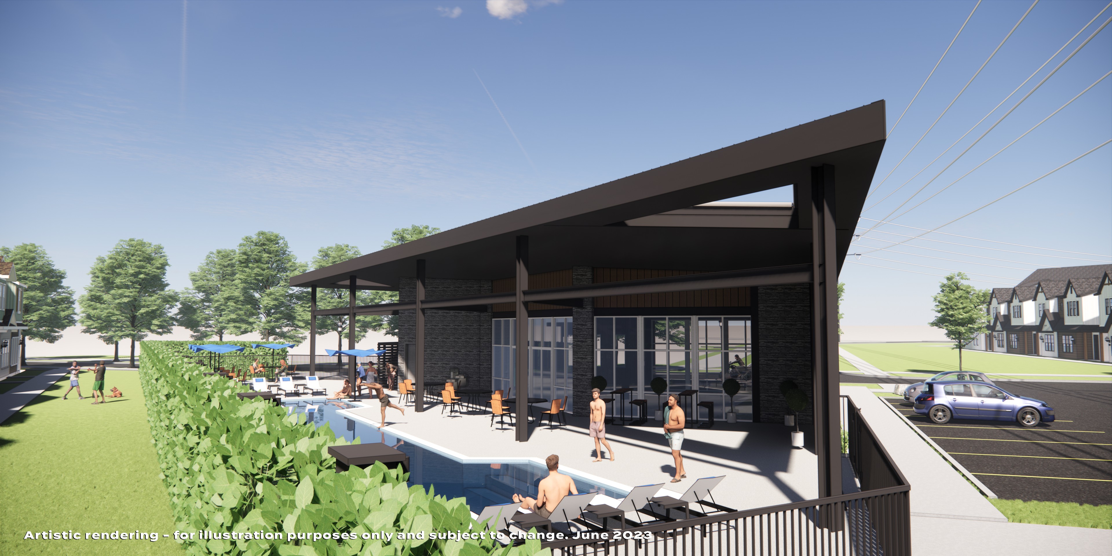 Modern clubhouse with pool, sleek design, patio seating at Collin Creek community, surrounded by trees and townhouses.