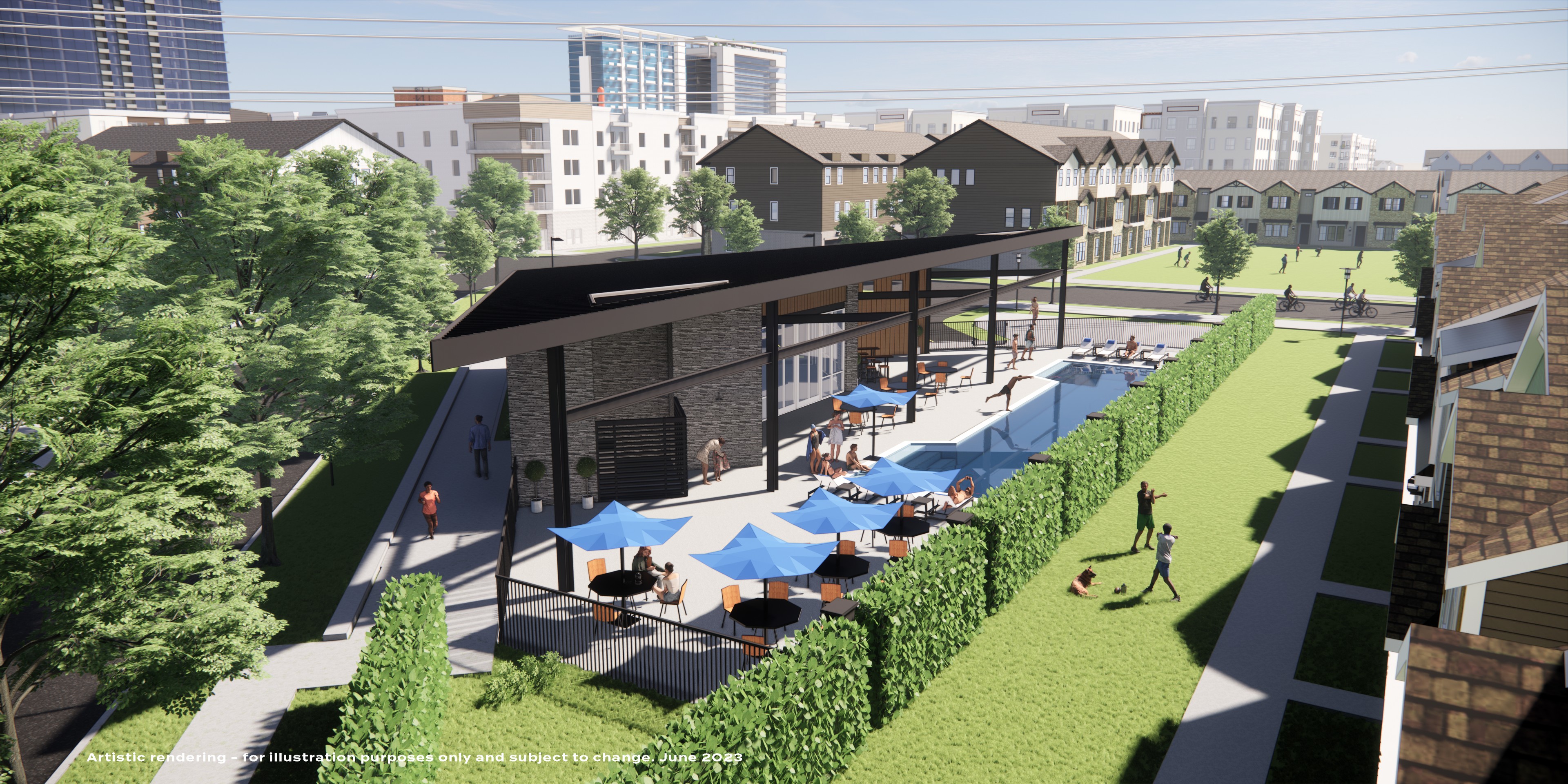 Outdoor pool area with modern pavilion, blue umbrellas, surrounded by greenery in Collin Creek community.