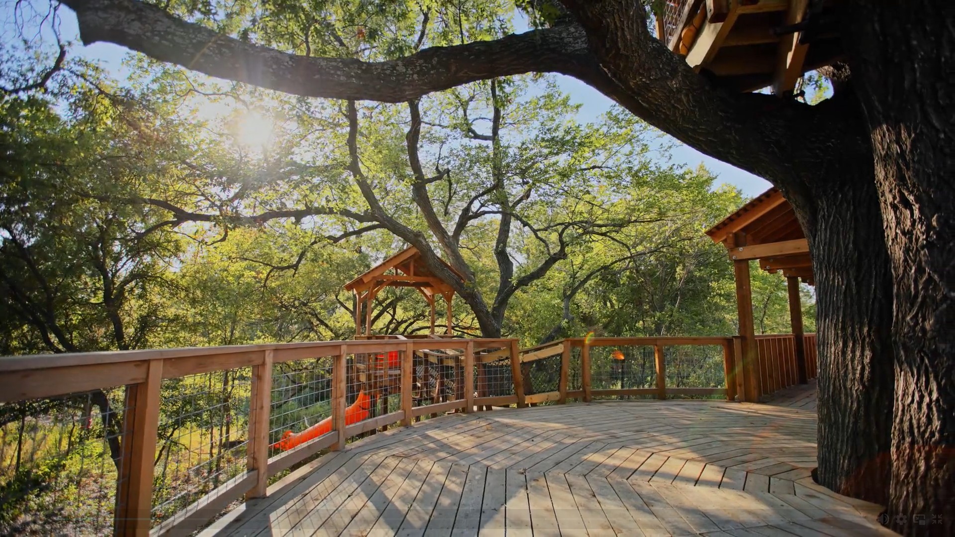 Wooden deck with railing, treehouse platforms, and oak trees in Solterra Texas community.