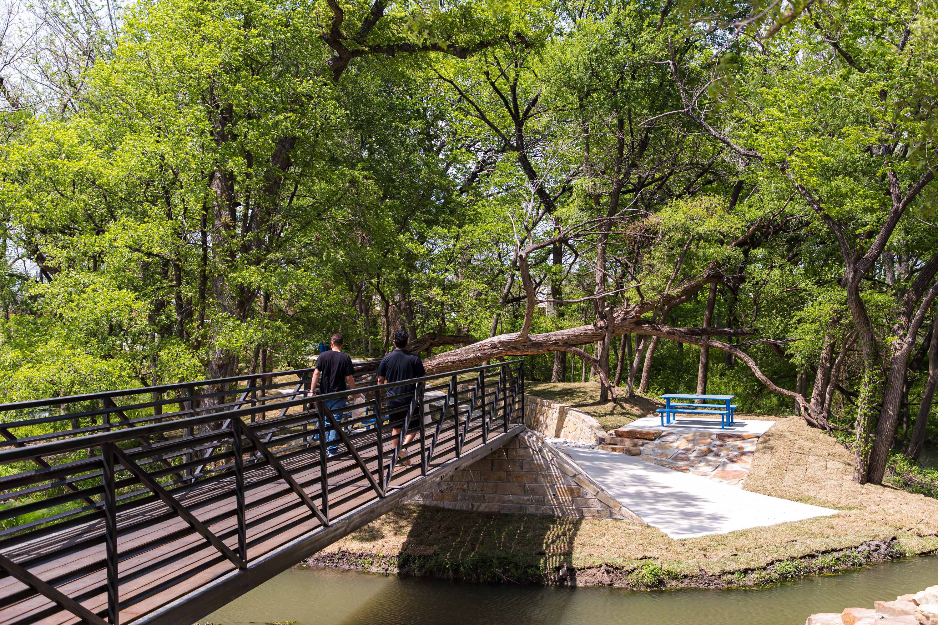 Modern pedestrian bridge in Solterra Texas community park, surrounded by lush greenery.