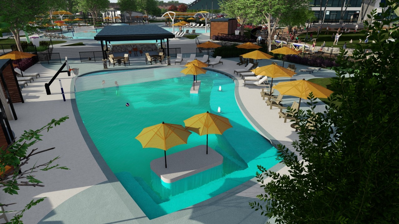 Luxurious resort-style pool with yellow umbrellas, lounge chairs, modern pergola in Solterra, Texas.