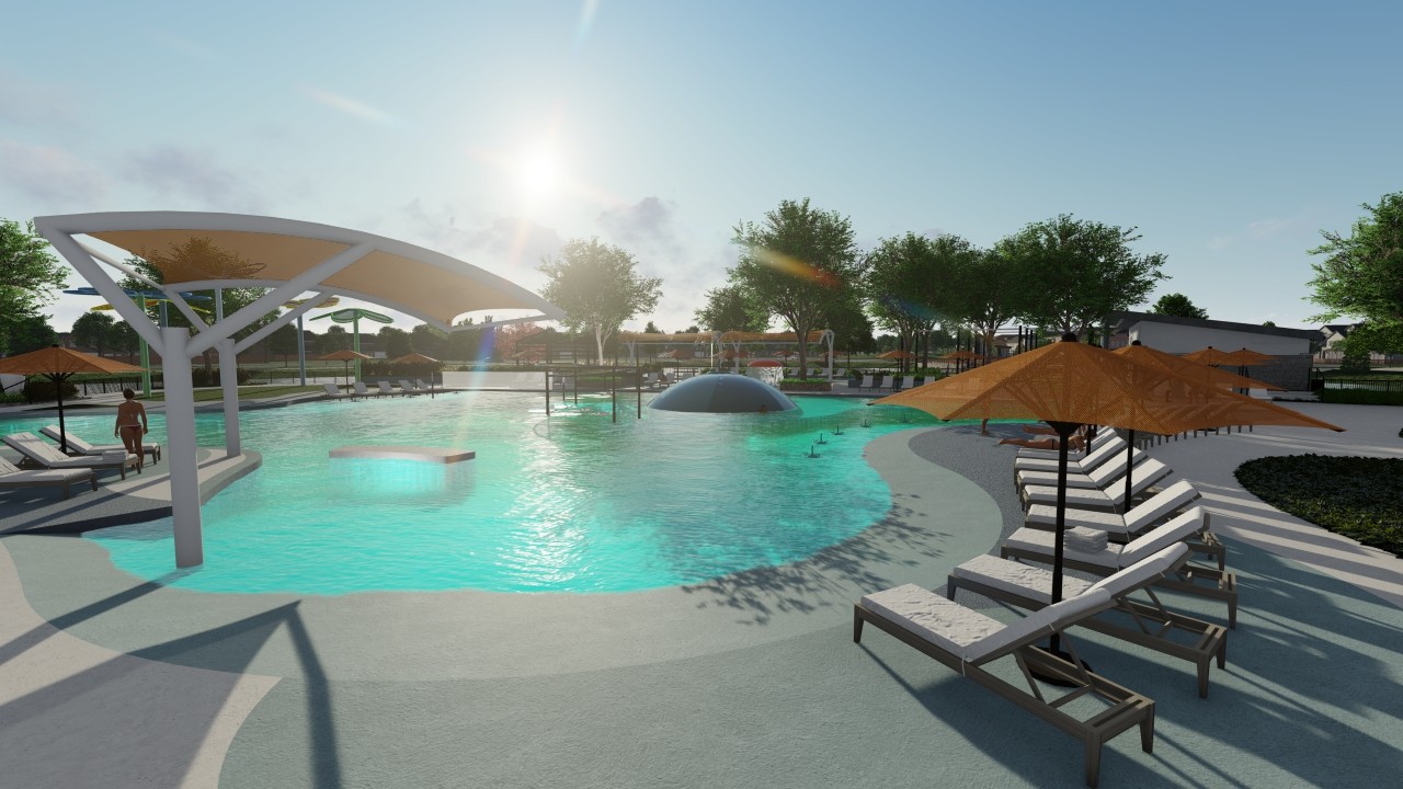 Resort-style pool with modern cabanas, sun loungers, and umbrellas in Solterra, Texas. Reflects luxury living amenities.