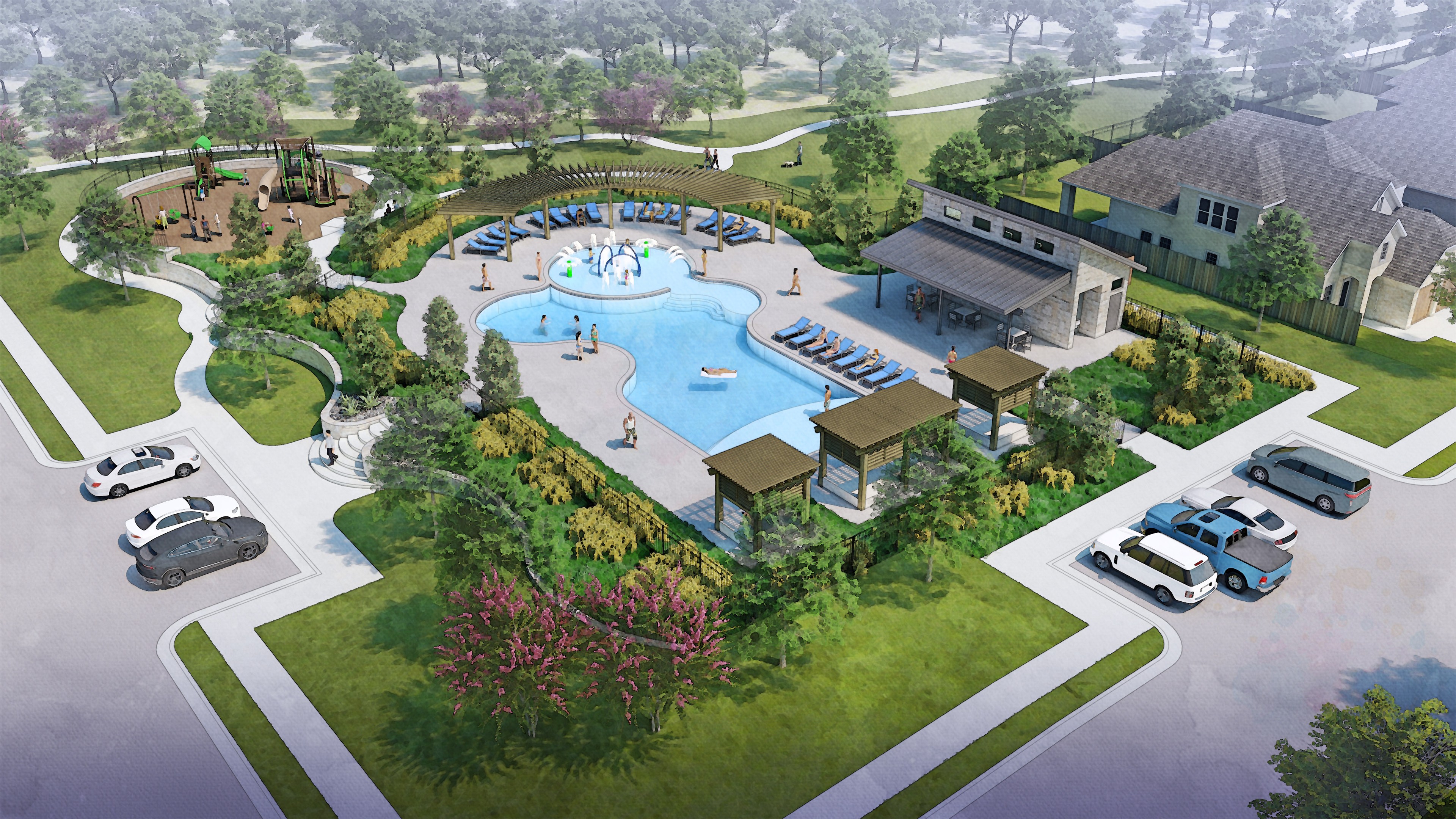 Aerial view of Simpson Crossing community pool, playground, cabanas, amid lush greenery and modern architecture.