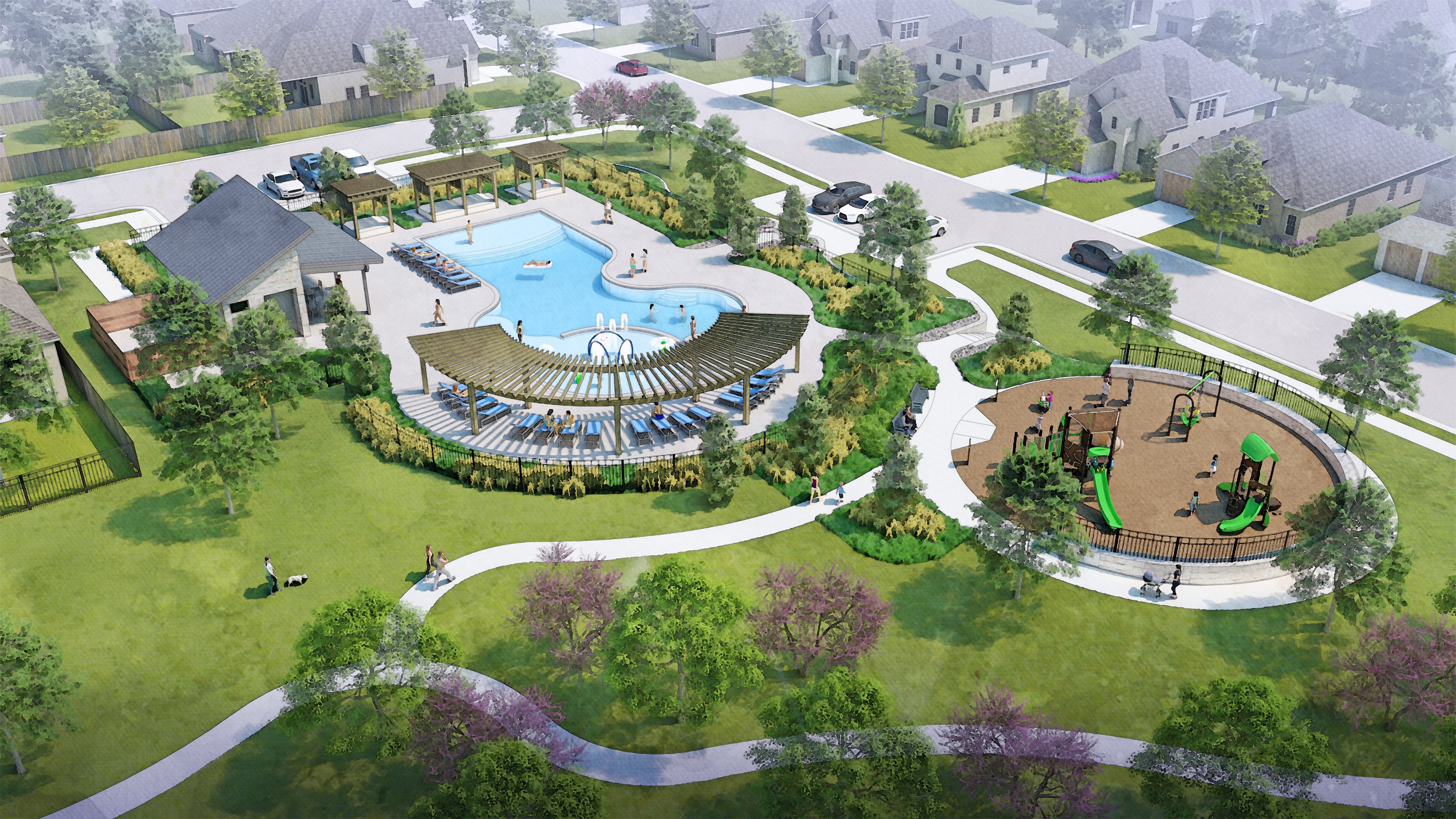 Aerial view of Simpson Crossing community center with pool, pergolas, playground, and landscaped gardens in residential area.