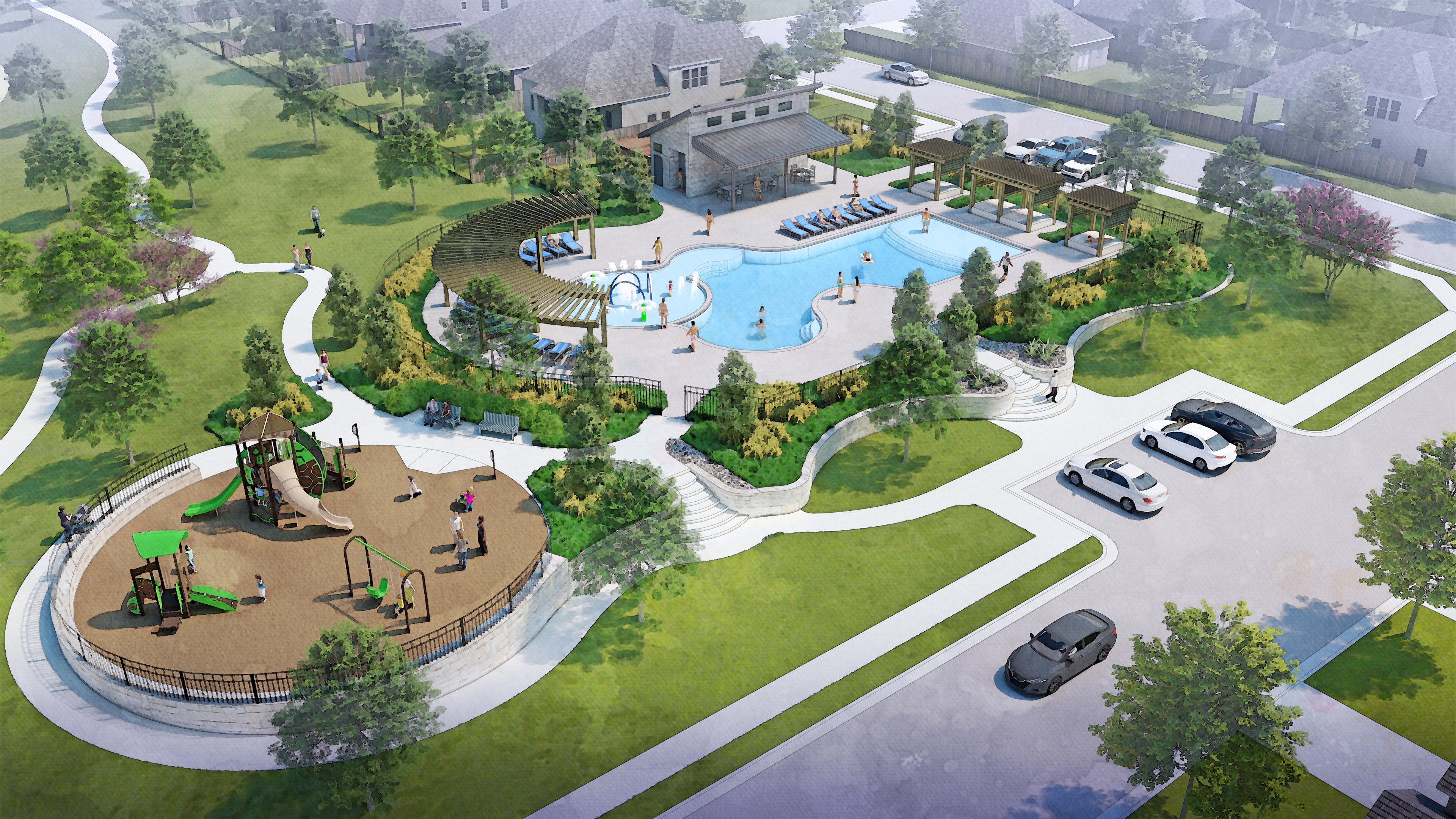 Aerial view of community park with pool, playground, pathways, and landscaping in Simpson Crossing neighborhood.