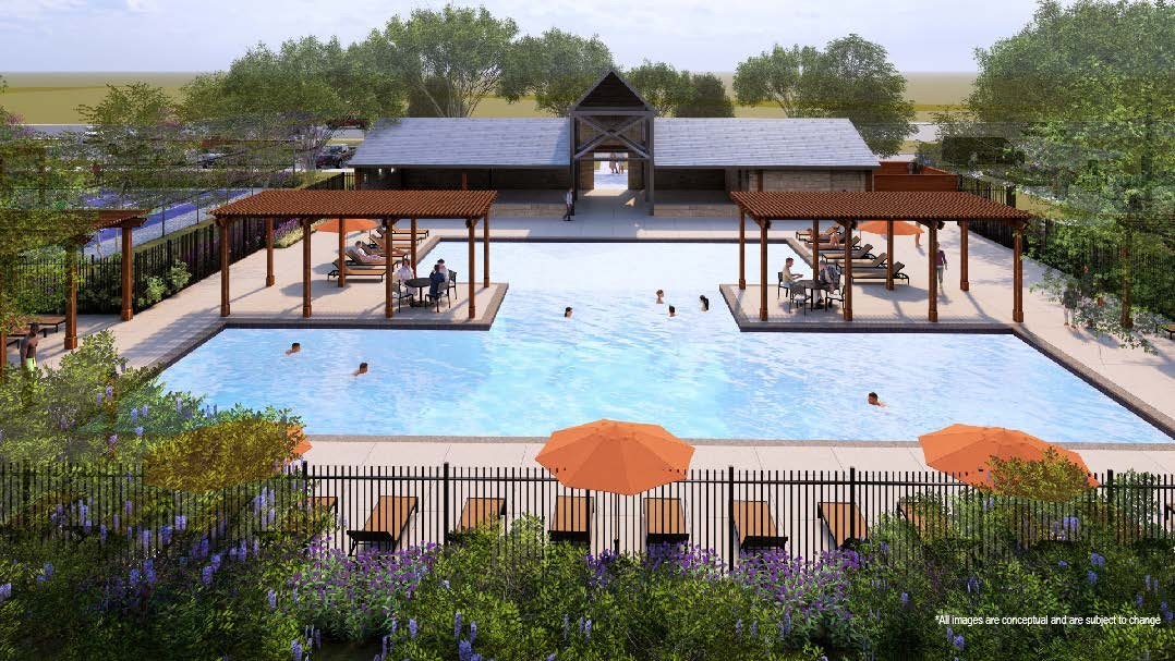 Luxurious community pool with wooden pergolas and lush landscape in Churchill neighborhood.