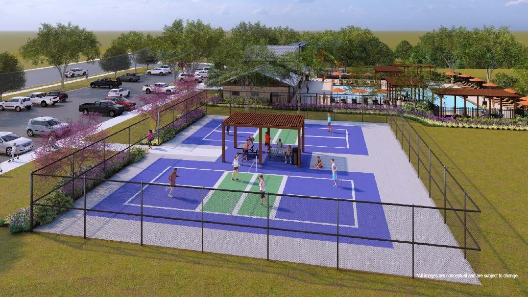 Community tennis courts with pergola, nearby pool, landscaped paths in Churchill residential area.