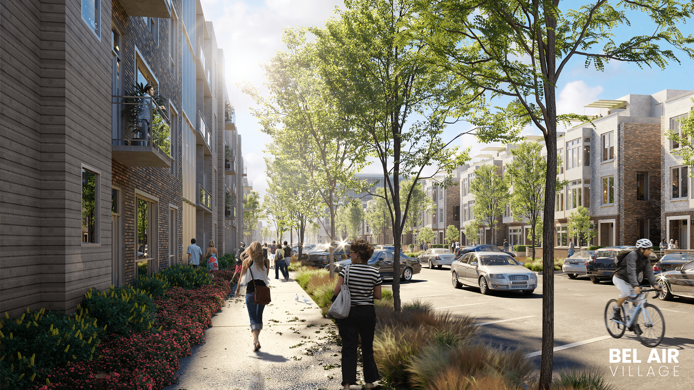 Modern street with luxury townhouses, lush greenery, pedestrians, Bel Air Village, modern urban landscape.