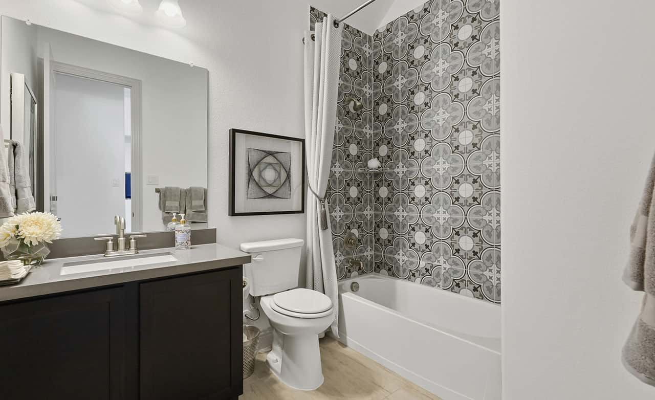 Elegant bathroom with patterned tile wall, sleek fixtures, and modern design in Thompson Farms community.